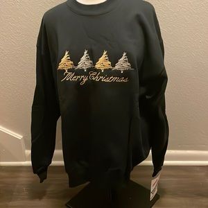Christmas embroidered sweatshirt with gold and silver trees.